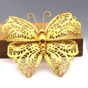 Vintage Monet Filigree Butterfly Brooch, Large Cannetille Statement Pin, Gold